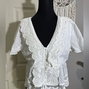 Love Riche White Lace Button-Up Blouse